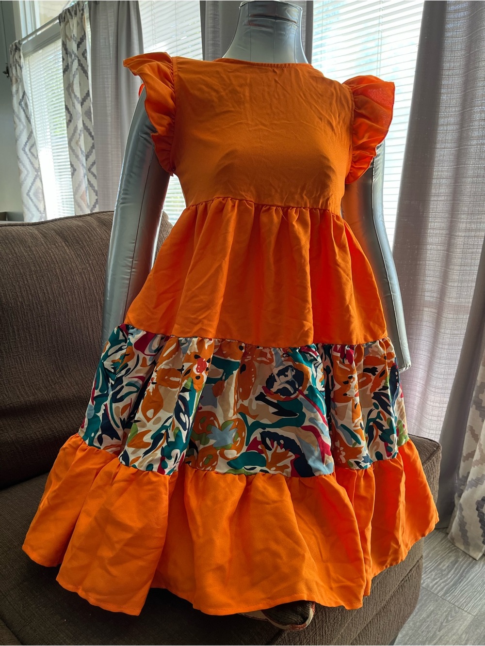 SHEIN Orange Tiered Ruffle Dress with Multicolor Floral Panel